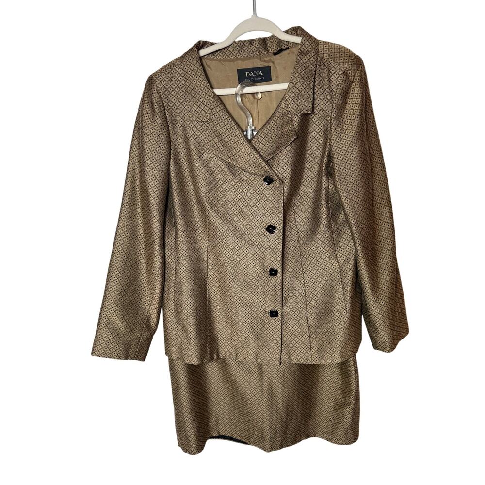 Dana Bachman Sz 16 Cotton Silk Blend 2 Piece Career Skirt Suit Office Gold Black